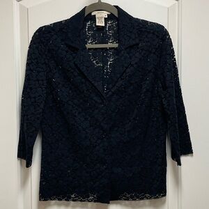 SO PRETTY! Sz Medium Navy Floral Lace Button Up 3/4 Sleeve Blazer